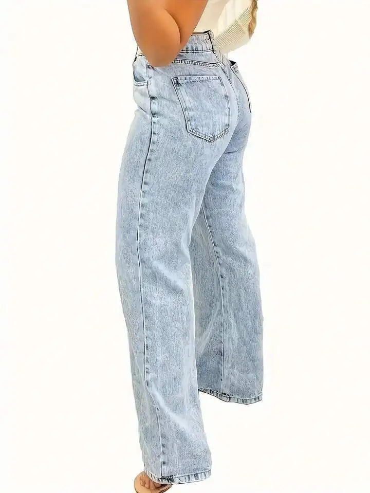 Straight Pants Jeans Women Denims Trousers Washed Distressed 2025 Streetwear Pockets High Waist Vintage Female Floor Length