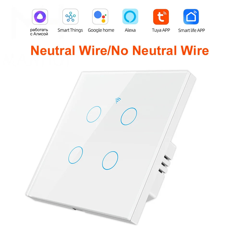 Smart EU Touch Sensor Switch Switches LED Crystal Glass Panel Wall Lamp Light Switch 1/2/3/4Gang No Neutral Wire APP Control