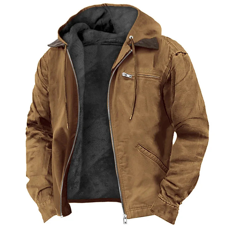 Men's Autumn Casual Retro Hooded Zipper Solid Fleece-lined Warm Fleece Jackets Male Multi Pocket Outdoor Hoodies Coats Outerwear