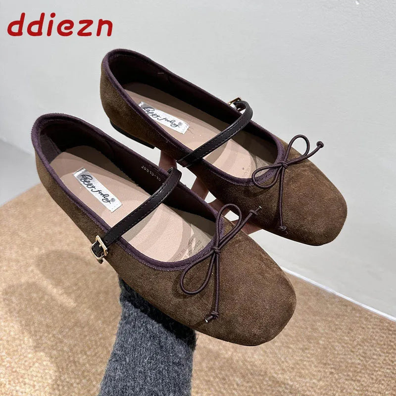New Fashion Buckle Strap Women Mary Janes Flats Shoes Ballet Flats Female Soft Footwear Butterfly-Knot Ladies Shallow Shoes