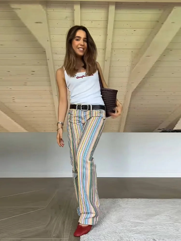 Multicolor Striped High Waisted Pants Straight Leg Retro Full Length Colorful Trousers 2026 Spring Casual Fashion Daily Wear