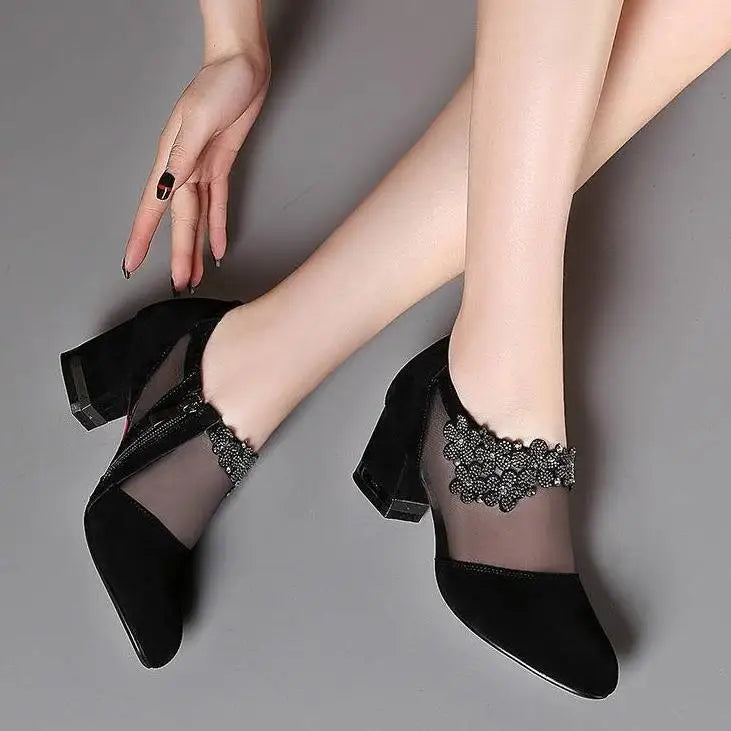 Summer Women High Heel Shoes Mesh Breathable Pumps Zip Pointed Toe Thick Heels Fashion Female Dress Shoe Autumn Elegant Footwear