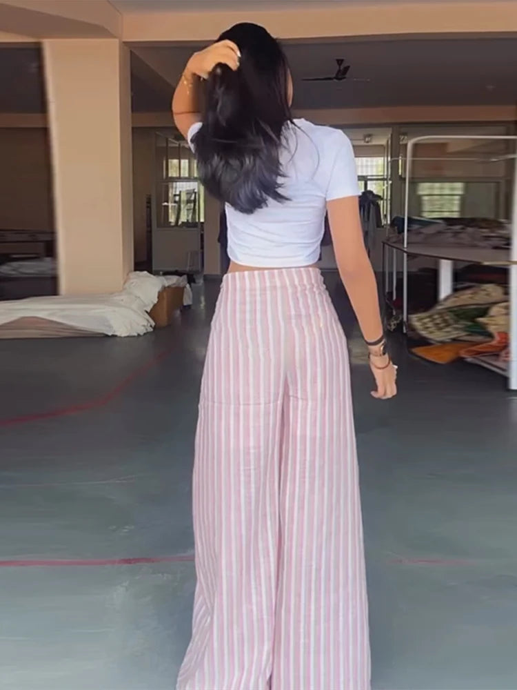 Colorful Striped Wide Leg Trousers Women Bohemian High Waist Multi-color Panelled Slim Straight Pants Fashion Lady Beachwear New