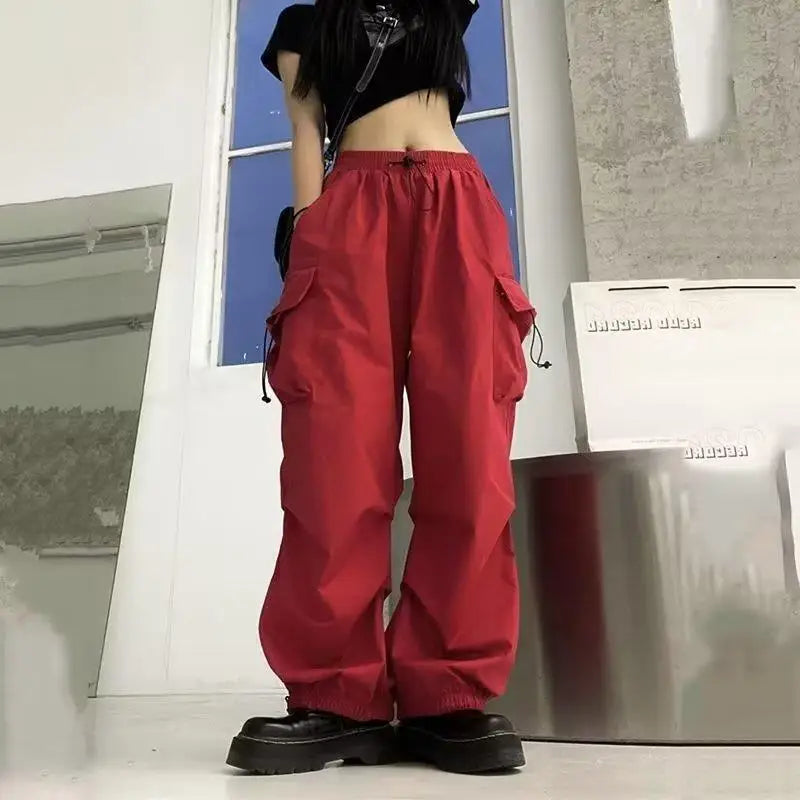 Women Streetwear Cargo Pants Elastic Waist Multi Pocket Loose Wide Leg Vintage Drawstring Casual Trousers