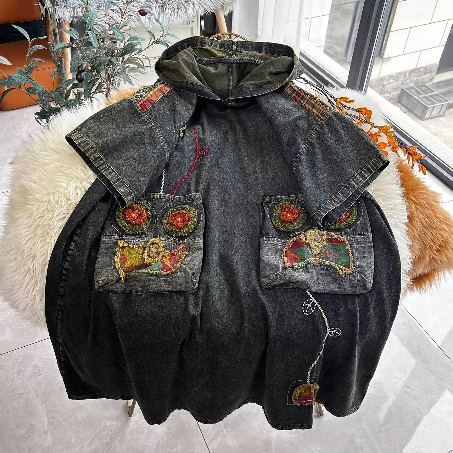 2026 Spring Artistic Ethnic Chinese-style Thin Denim Hooded Embroidered Short-sleeved Dress Women JLJ891