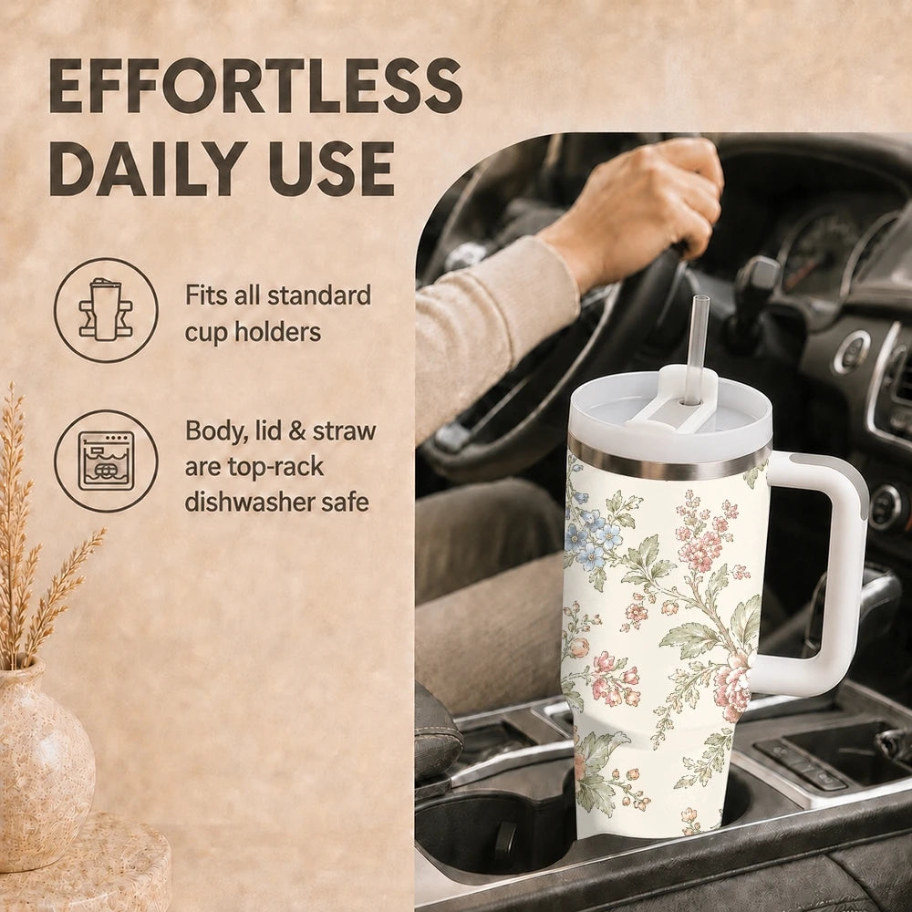 Floral Seamless Patterns Vacuum Flasks 40oz Stainless Steel Insulated Tumbler With Handle & Straw Leakproof Travel Mug
