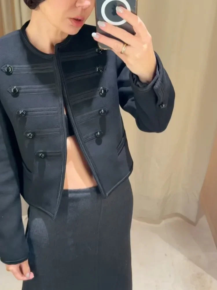 Black Round Neck Military Jacket Women Casual Full Sleeve Buttons Cropped Slim Coat 2026 Lady Daily Street Napoleon New Jackets