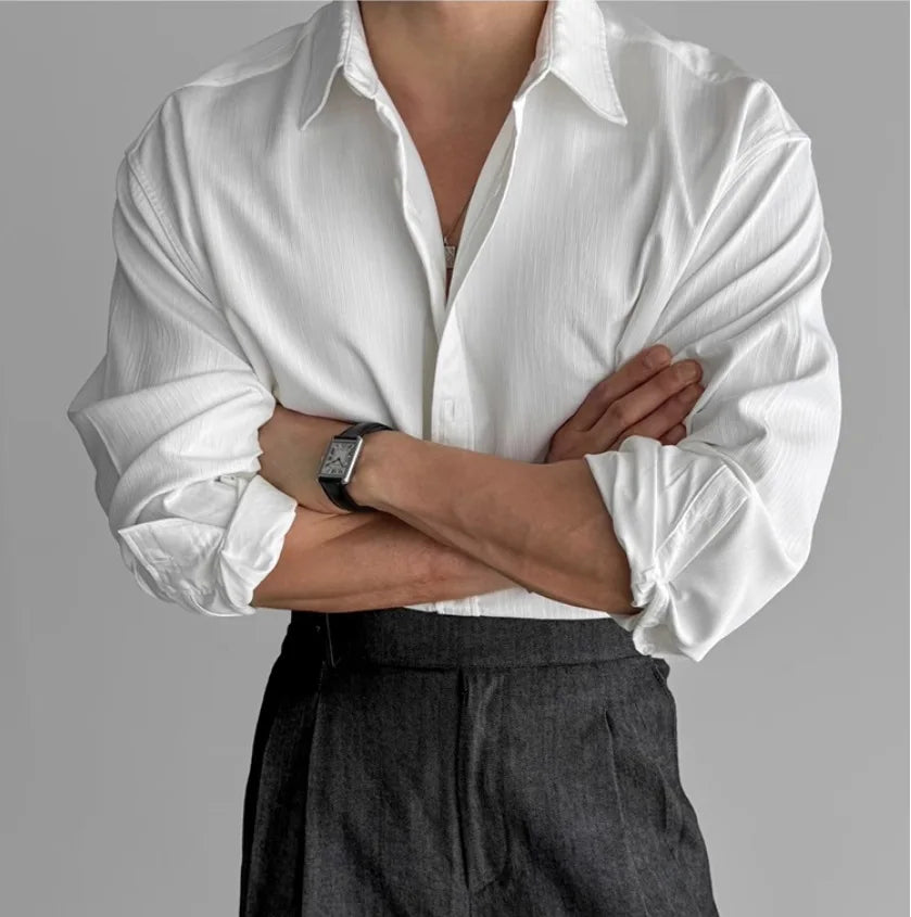 Men's High-quality Business Casual Shirts，High-end Texture Solid-color Shirts, Breathable  Loose Long-sleeved Shirts for Spring