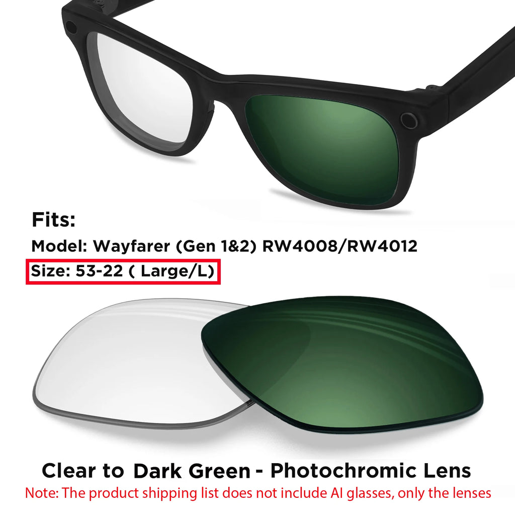 Photochromic & Polarized Replacement Lenses For Ray-Ban Meta Wayfarer RW4006 / RW4008 / RW4012 Gen1/2 AI Smart Glasses Lens