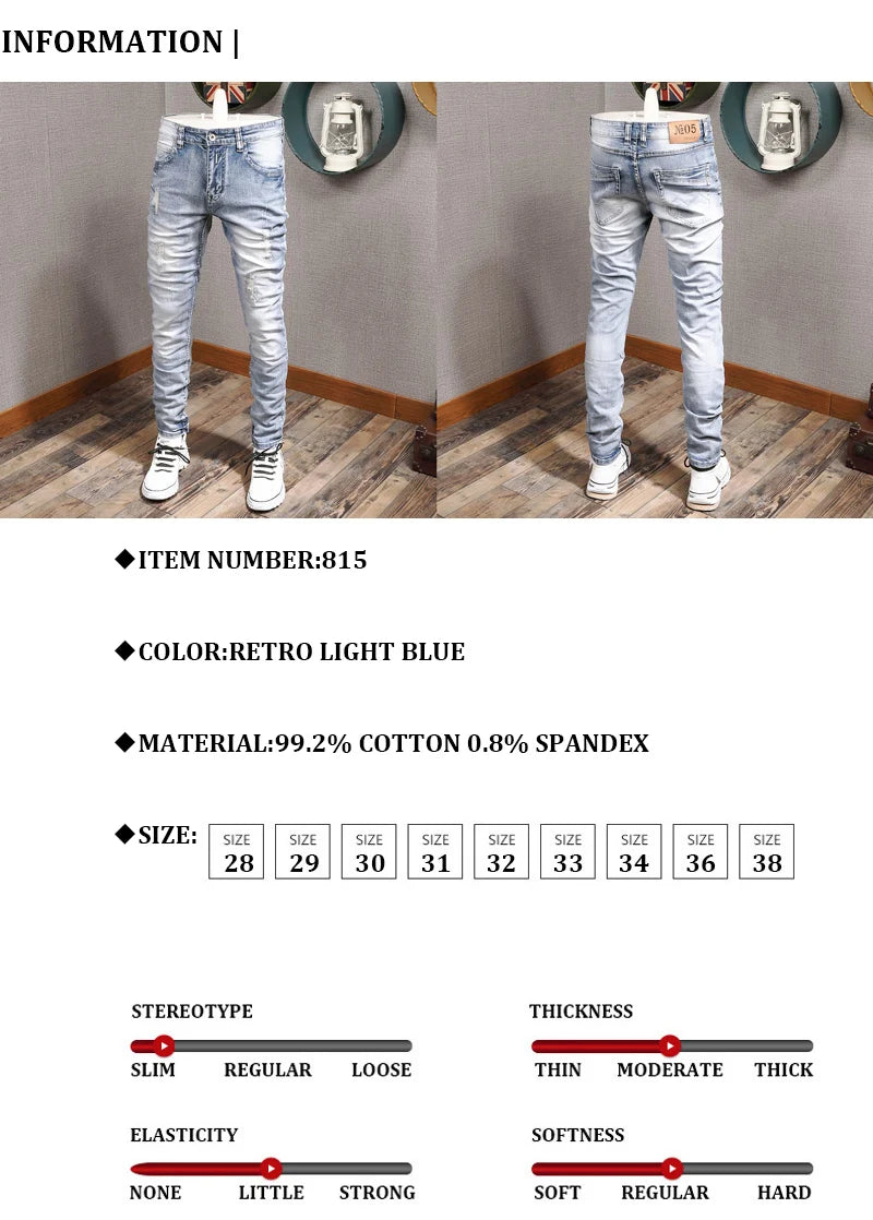 Streetwear Fashion Men Jeans Retro Light Blue Elastic Slim Fit Ripped Jeans Men Embroidery Designer Vintage Casual Denim Pants