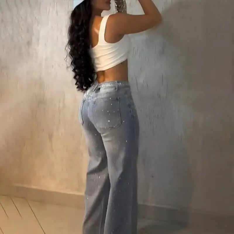 Women Jeans Denim Pant Vintage Wide Leg Long Pants High Waist Straight Trousers Y2k Streetwear Elegant Work Hot Drilling 2026