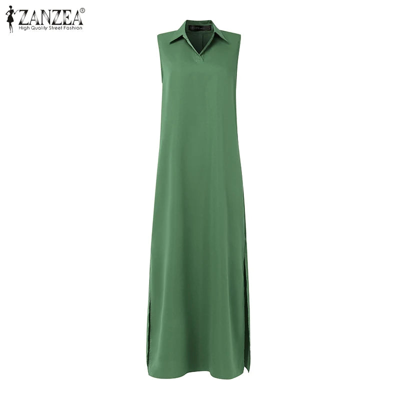 2025 Summer Sleeveless Sundress ZANZEA Women Long Dress Elegant Work OL Dresses Casual Lapel Neck Solid Vestidos Split Hem Robe
