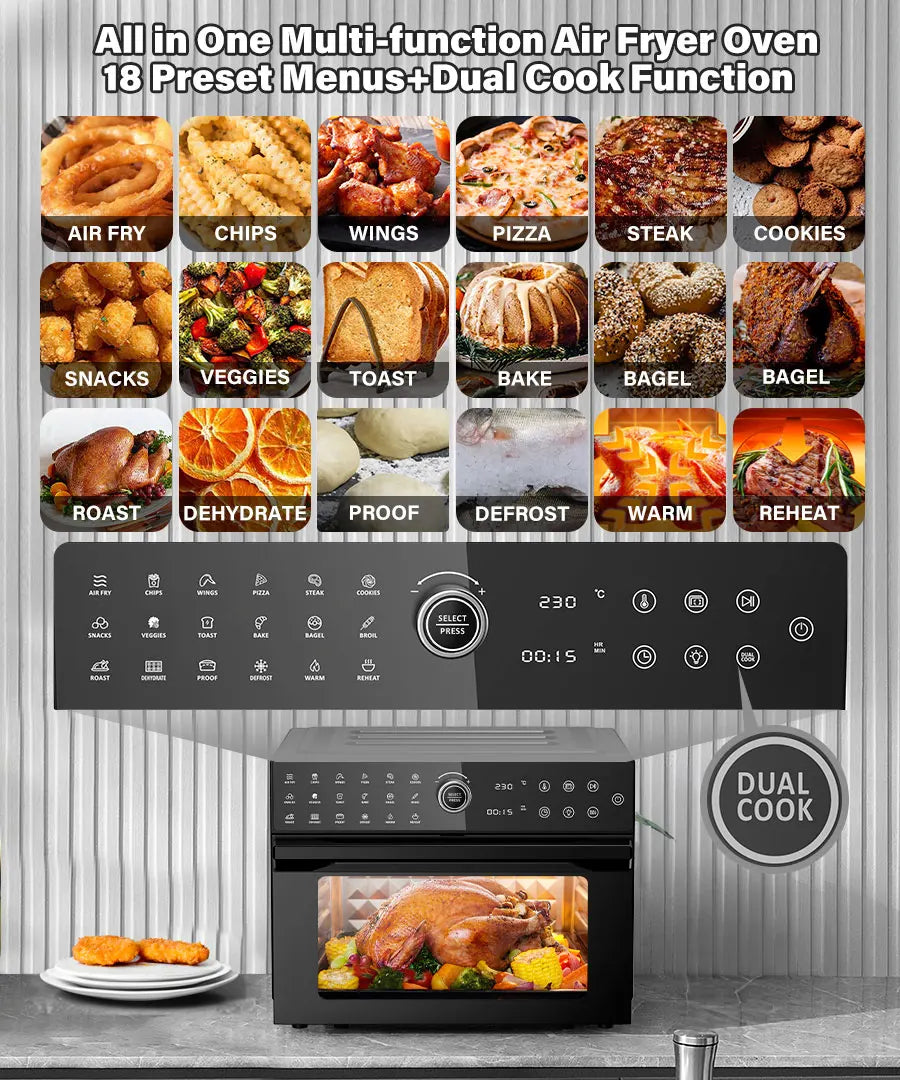30L Electric Touch Screen Air Fryer Oven Stainless Steel Multifunctional Countertop Convection Dutch Household Chicken Pizza