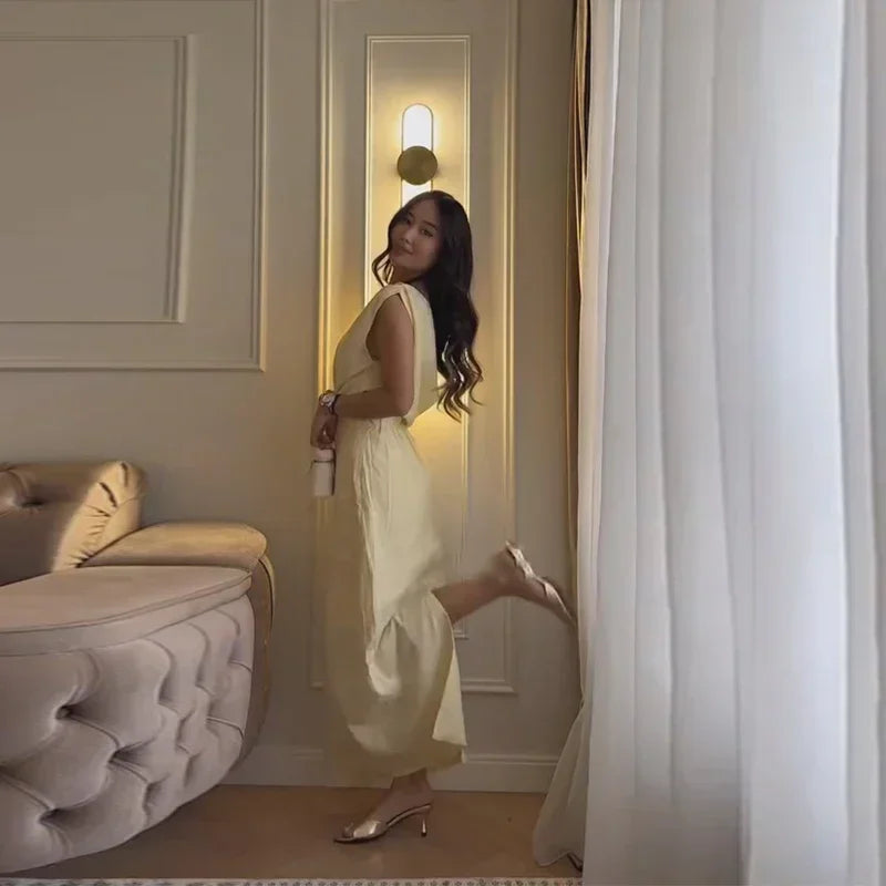 Elegant Off Shoulder Women's Dress Solid Sleeveless Oblique Collar Long Female Dresses 2026 Summer Fashion Lady Comfortable Robe