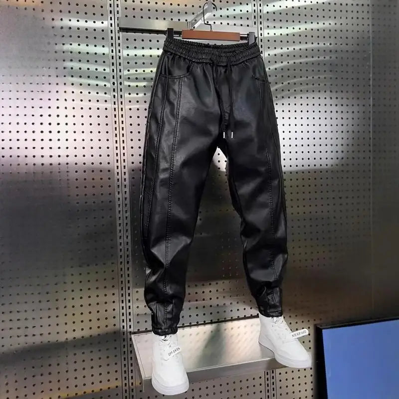 Leather Pants Men's Hip Hop Harem Loose Trousers Outdoor Jogger Sweatpants Luxury Elastic Waist Waterproof  Men's Pants