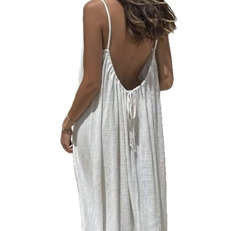 Women Backless Loose Sling Nightgown New Spaghetti Strap Home Wear Casual Lounge Dress