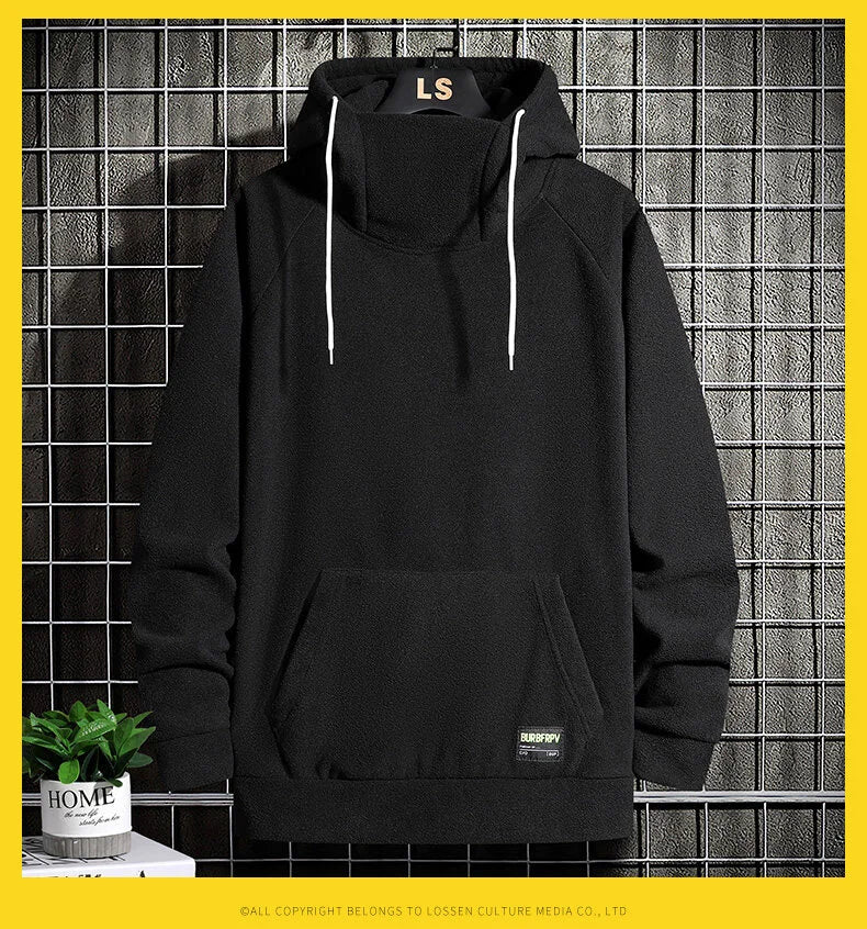 Men's Polar Fleece Sweatshirt Solid Color Street Style Autumn Winter Men Hood Sports Windproof Oversized High Collar Hoodie 5XL