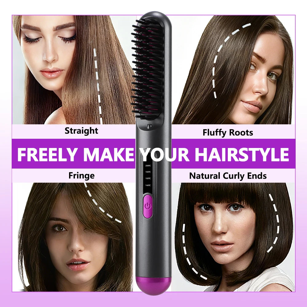 Cordless Hair Straightener 4 Temp LCD Display Anti-scald Hair Straightening Brush Portable Rechargeable Hair Styler Travel Women