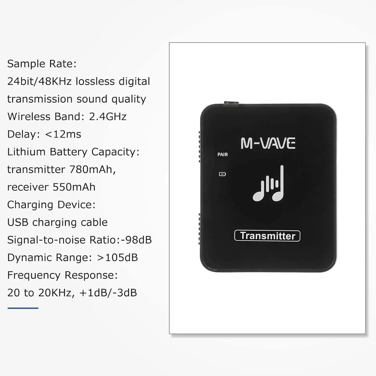 M-VAVE WP-10 2.4G Wireless In-Ear Monitor IEM System,Rechargeable Transmitter & Receiver with Volume Control/for Studio/Live