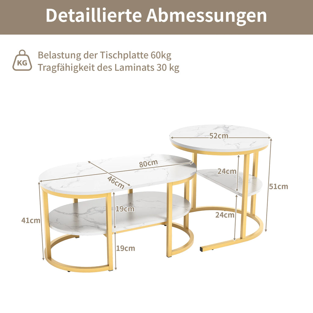 Creahappy - Set of 2 Modern Coffee Table, Stackable Elegant Coffee Table with Storage, Modern Living Room Furniture