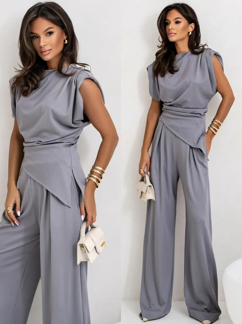 Two Piece Set For Women Short Sleeve Asymmetrical Top Wide Leg Pants Loose Fit Casual Autumn Winter Suit