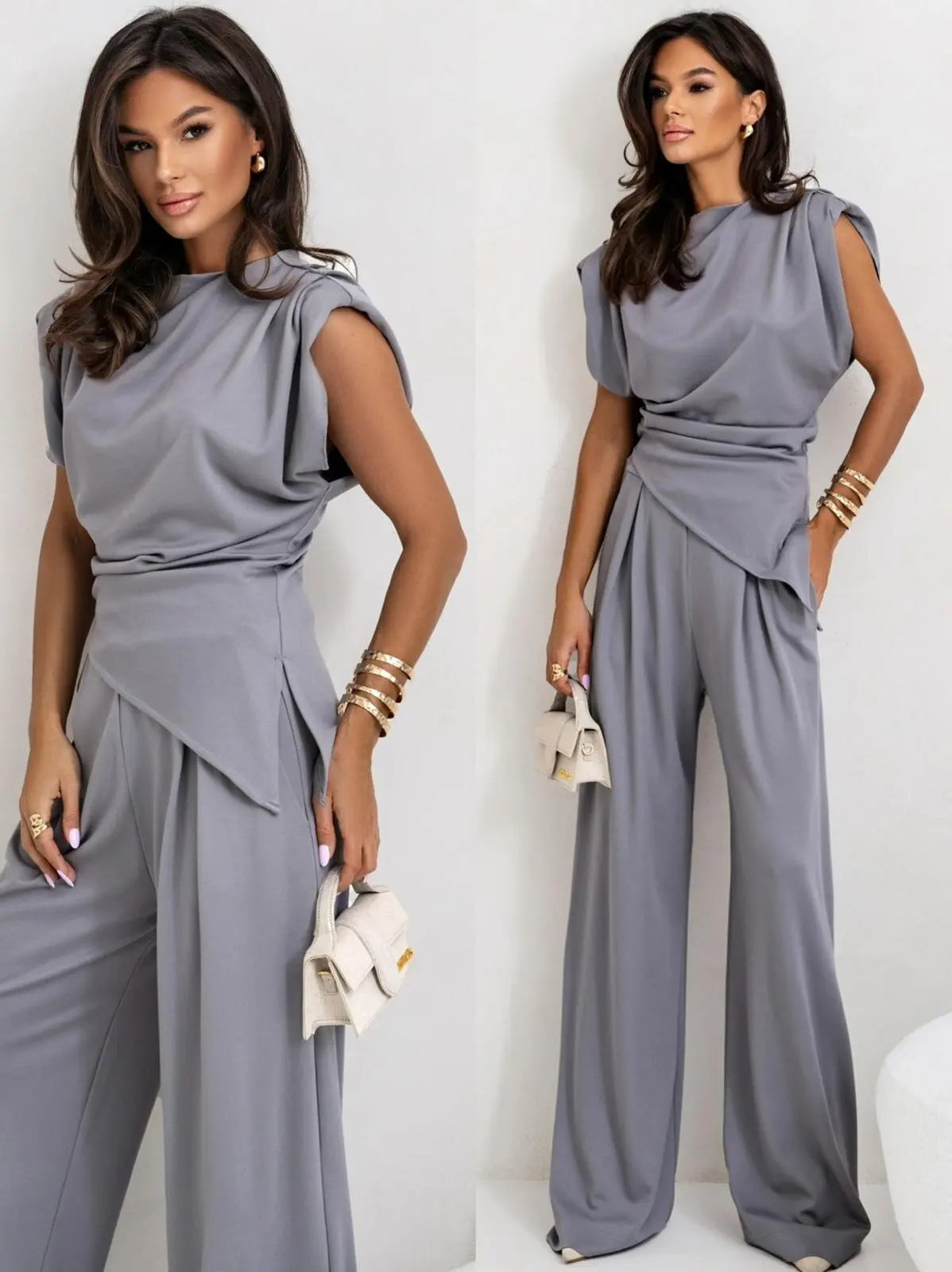 Two Piece Set For Women Short Sleeve Asymmetrical Top Wide Leg Pants Loose Fit Casual Autumn Winter Suit