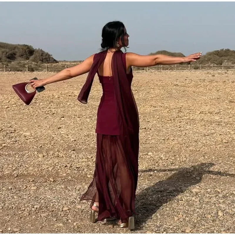Boho Chic Elegant Mesh Patchwork Sling Dress Sexy Loose Sleeveless Split Scarf Long Dress Female 2026 New Party Evening Dresses