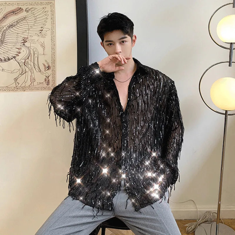 IEFB Spring Summer Men's Shirt Long Sleeve New Irregular Sequin Tassel Shirts Niche Streetwear Korean Style Male Top Tide 9Y7232