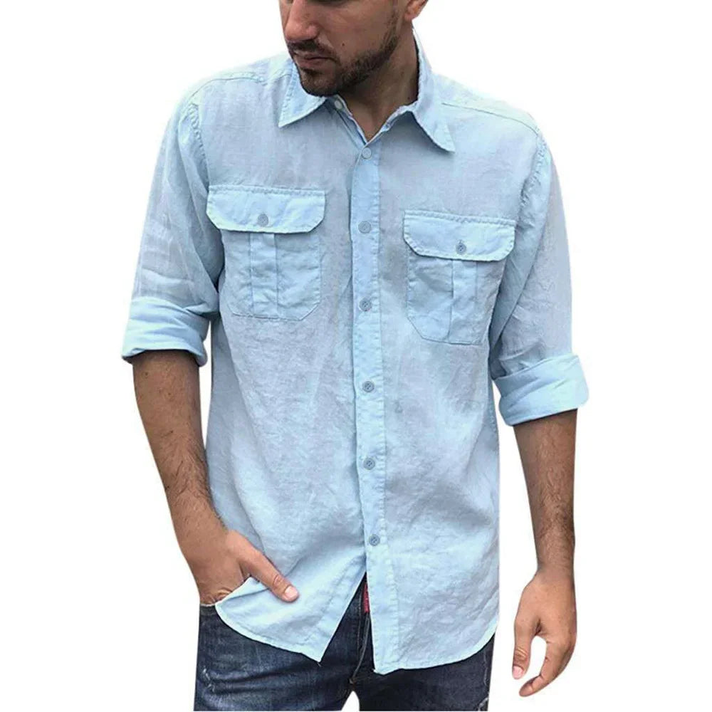 Cotton Linen Men's Shirt Long Sleeve Solid Color Casual Tops Lapel Double Pocket Design Classic Shirt Trendy Male Clothing