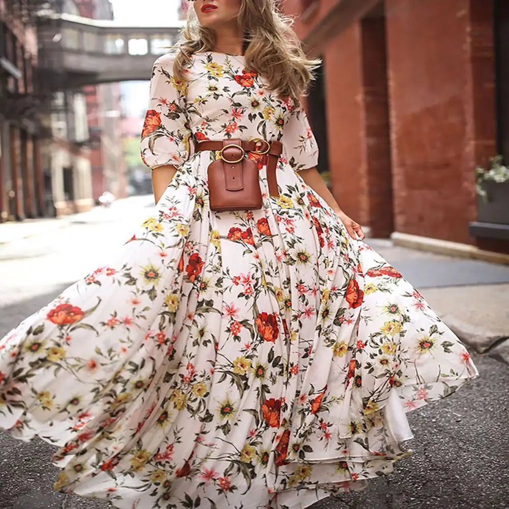 Women Printed Chiffon Dress Elegant Floral Maxi Dress for Women A-line Silhouette with High Waist Half Sleeves for Spring Fall