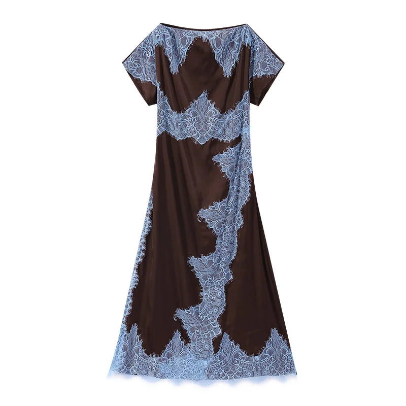 Elegant Lace Patchwork Long Women's Dress Urban Skew-collar Short Sleeve Empire Female Dresses 2026 Summer Vacation Lady Robe