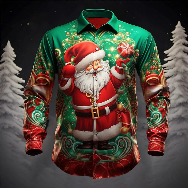 Christmas Fireworks: Santa Print Men's Long Sleeve Shirt, Men's Fashionable Party Christmas Shirt, Four Seasons Casual Men's Shi