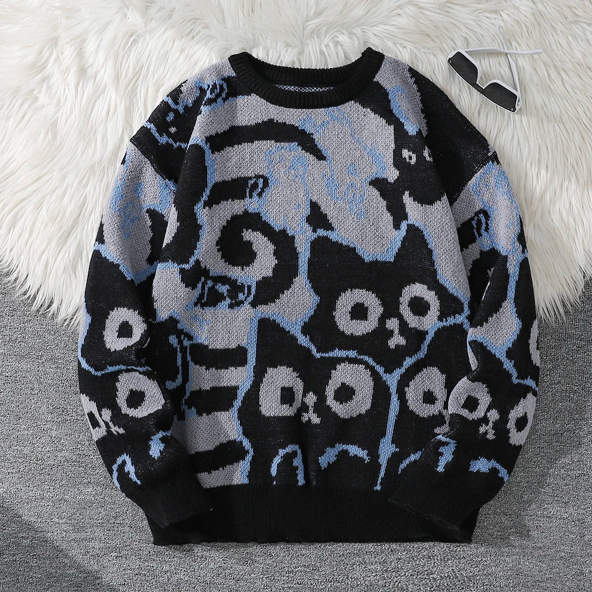 Autumn and Winter Abstract Cat Jacquard Double-Sided Pattern Pullover Sweater Casual Round-Neck Knit Men's Pullover Sweater Suitable for Daily Wear Unisex Outerwear