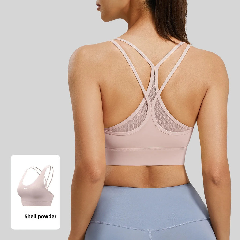 Women U Neck Fitness Crop Top Crossback Sports Bra Fixed Cups Vest, Shockproof Gym Running Workout Yoga Top