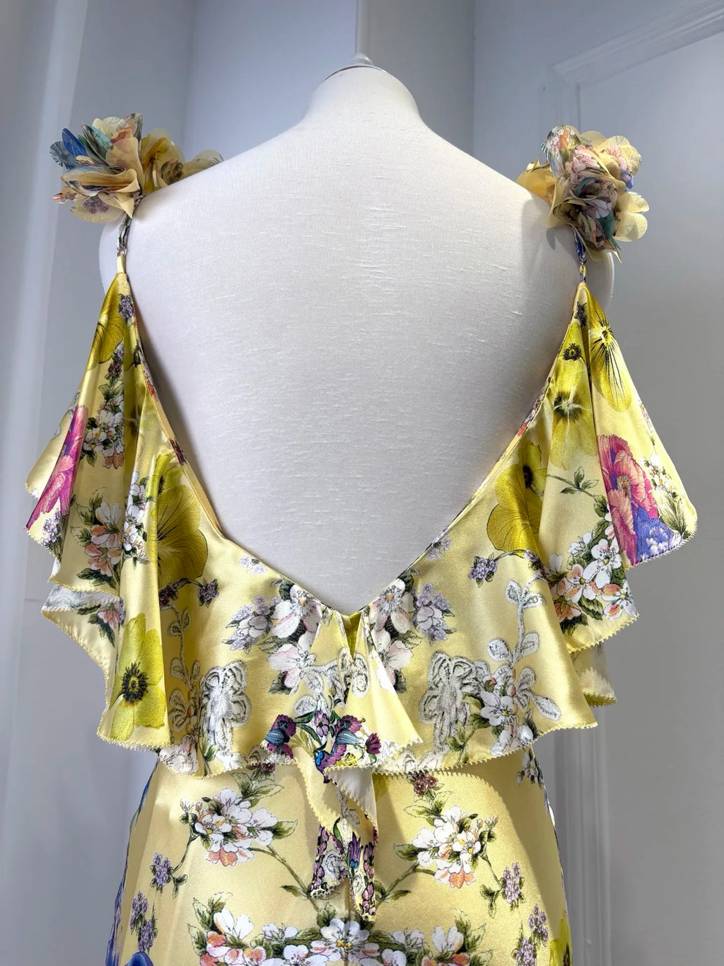 100% Silk Women Floral Print Sling Robe V-Neck Sleeveless High Waist Elegant Slim Yellow Maxi Dress