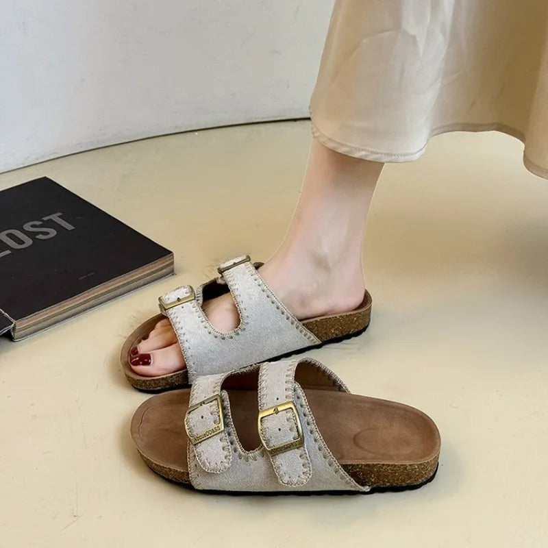 Women's Flat Slide Sandals Open Toe Suede Look Double Buckle Strap Slip on Whipstitch Detail Casual Summer Daily Walking Shoes