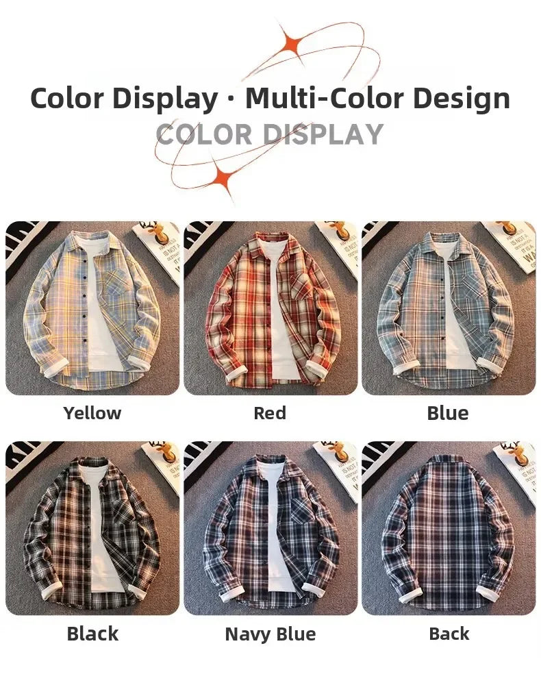 Retro Japanese Plaid Long Sve irt Men's Casual Loose Fit Spring Autumn Wear for Students And Couples Youth Faion