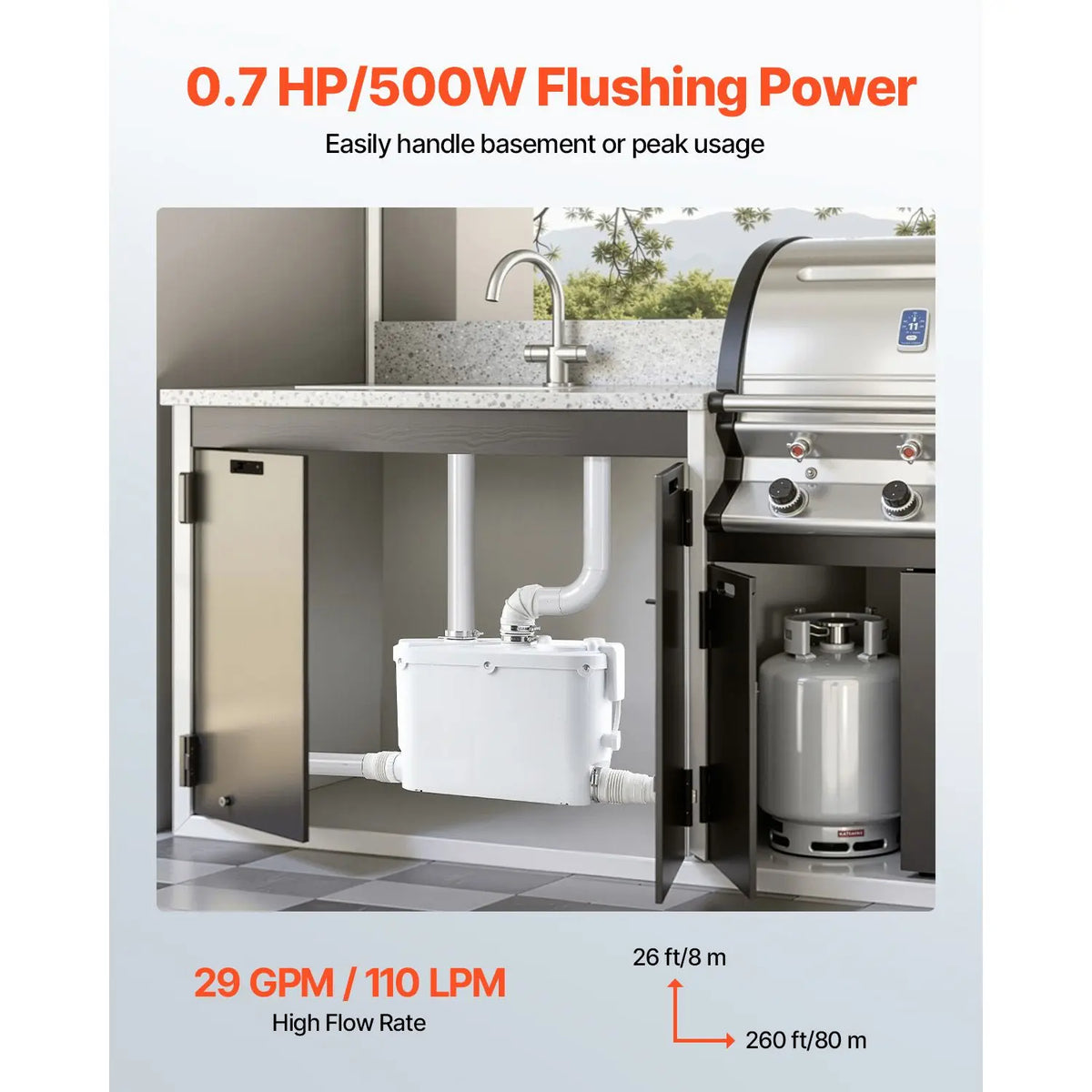 Macerator Pump, 500W, 29 GPM Flow, 26 ft/8 m Head, Macerator Sewerage Toilet Pump with 4 Water Inlets, Waste Water Disposal Upflush Machine for Kitchen, Basement, Shower, Sink, Laundry, Bathtub