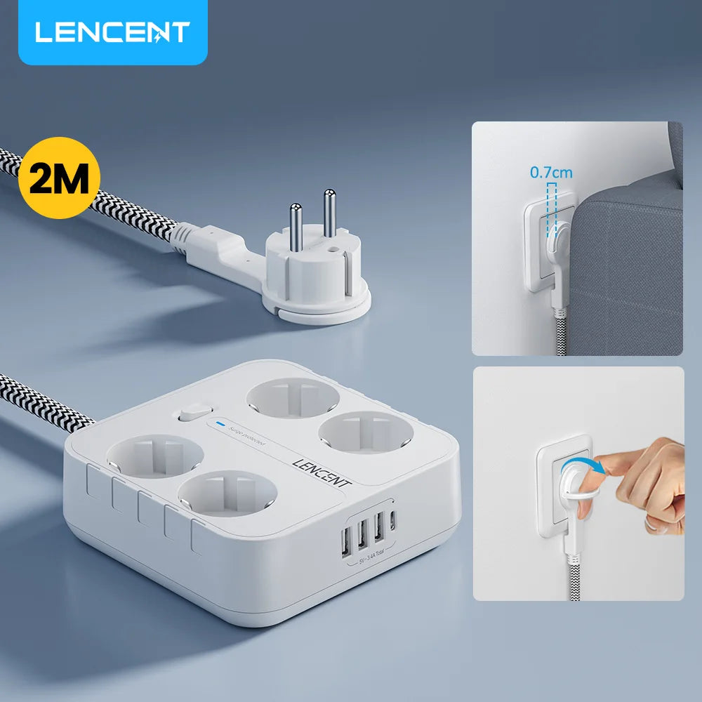LENCENT EU Plug Power Strip  with 4 AC + 3 USB + 1 Type C 2M/3M Braided Cable 700J Surge Protection Socket with Switch for Home