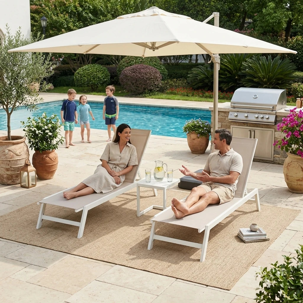 3PCS Aluminum Teslin Sun Lounger Set With Side Table Adjustable Backrest Outdoor Chaise Lounge Pool Garden Beach Hotel Sunbed