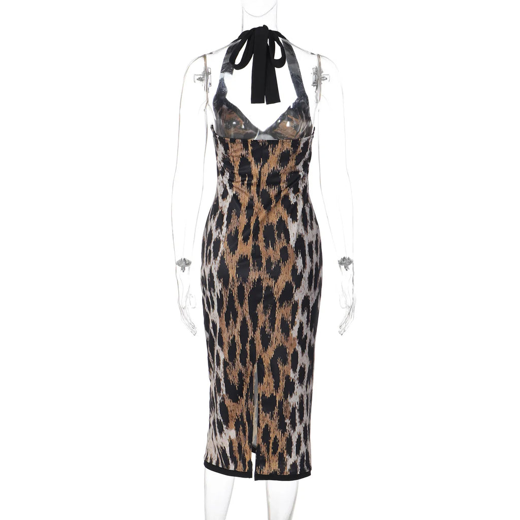 FDYOUI Fashion Halter Bodycon Leopard Dress Party Night Club Outfit Women Sexy Sleeveless Backless Midi Evening Prom Dresses