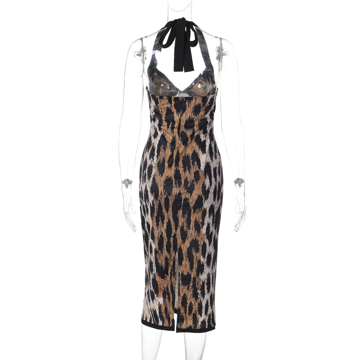 FDYOUI Fashion Halter Bodycon Leopard Dress Party Night Club Outfit Women Sexy Sleeveless Backless Midi Evening Prom Dresses