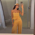 Women Elegant Lace Long Pant Set Square Neck Sheer Ruffle Hem Crop Cami Top High Waist Wide Leg Trousers 2026 Summer Chic Suit