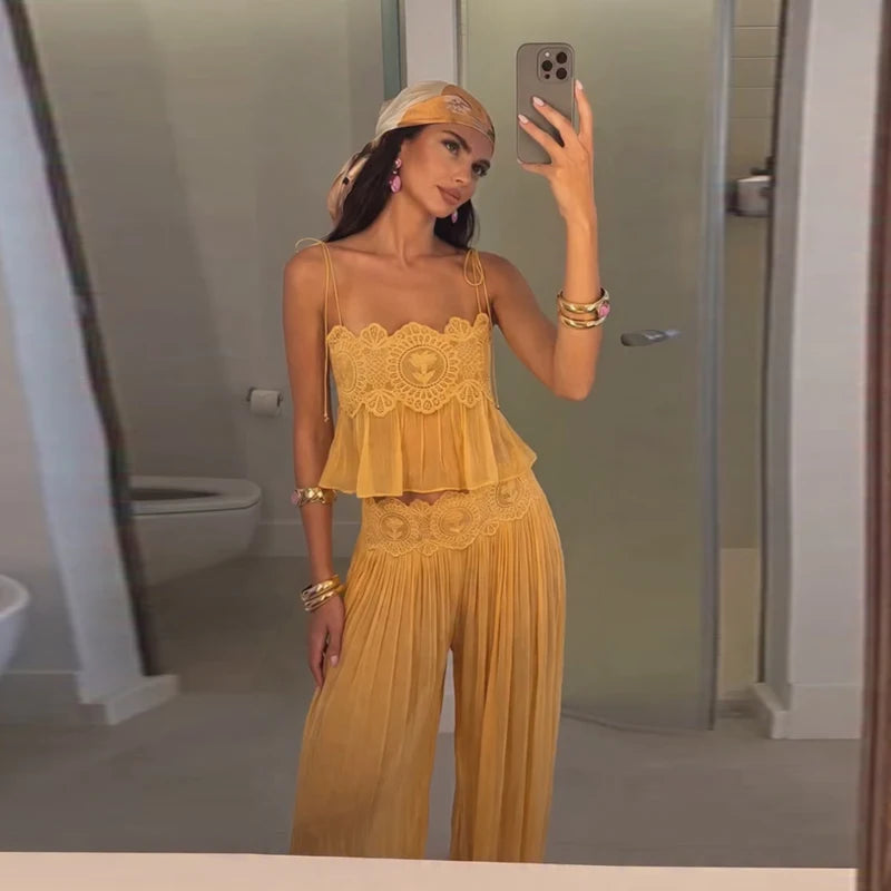 Women Elegant Lace Long Pant Set Square Neck Sheer Ruffle Hem Crop Cami Top High Waist Wide Leg Trousers 2026 Summer Chic Suit