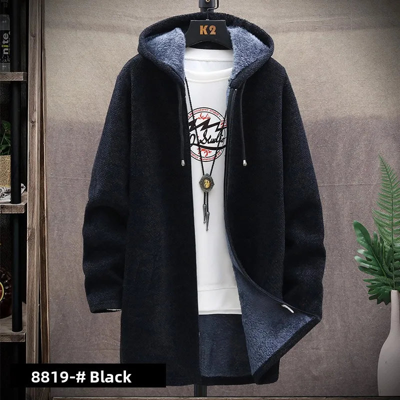 Men's Knitted Sweater Cardigan Thickened Fleece Hooded Casual Style Warm Outerwear Autumn Winter New Arrival Korean Version