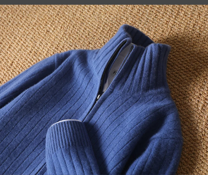 Men's Coat Winter Thickened New 100% Merino Wool Sweater Business Casual Zipper Lapel Cardigan Long Sleeved Warm Knit Jacket