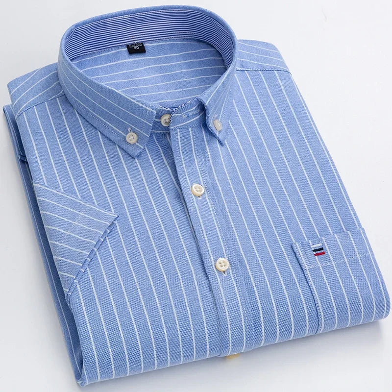 2025 100% Pure Cotton Men's Oxford Short Sleeve Square Collar Soild Plaid Striped Summer Casual Shirts Single Pocket  Shirt