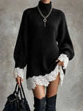 Women Turtleneck Ribbed Knitted Mini Dress Elegant Lace Hem Patchwork Party Dress Casual Long Lantern Sleeve Loose Sweater Dress