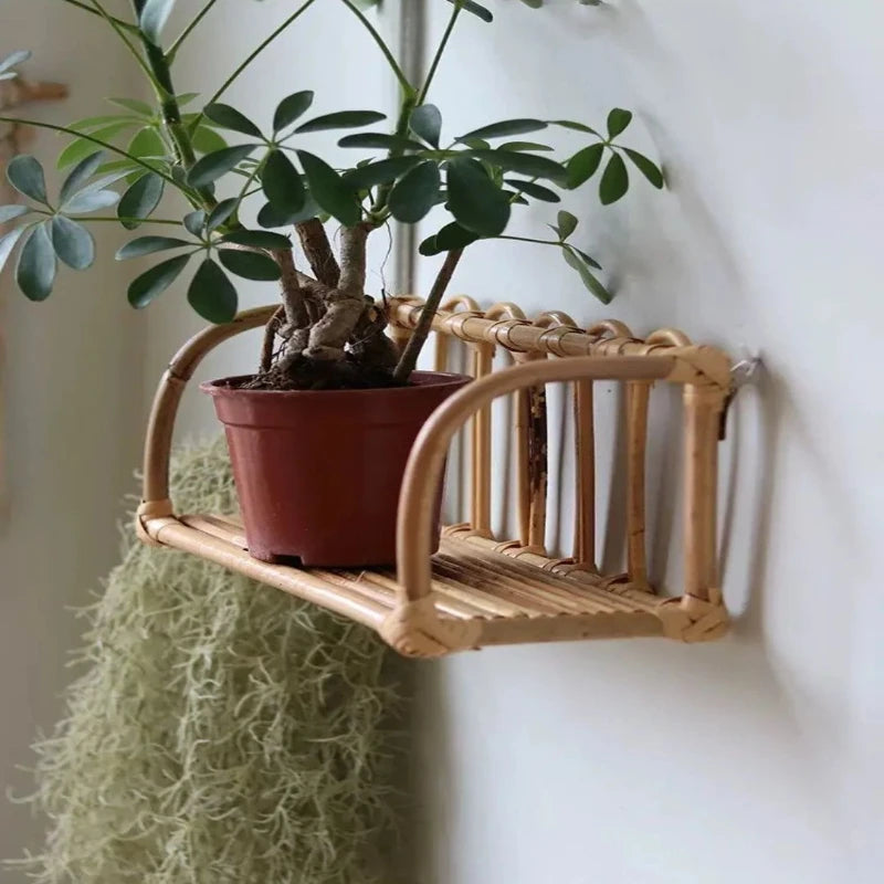 Rattan Wall Shelves Home Organizer Kitchen Storage Living Room Home Decor Small Bookshelf Nordic Log Style Storage Rack