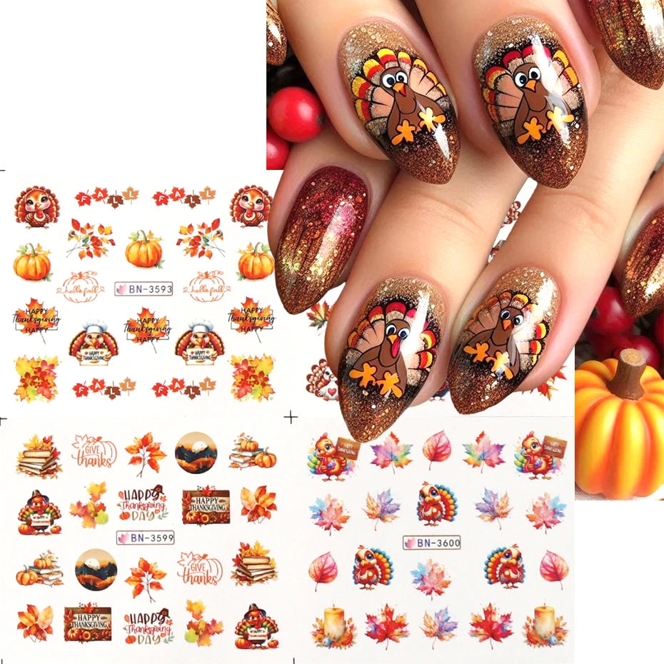 Autumn Maple Leaves Nail Art Stickers Sliders Hedgehog Squirrel  Fall Leaf Turkey Nail Water Transfer Sticker Decal Decorations